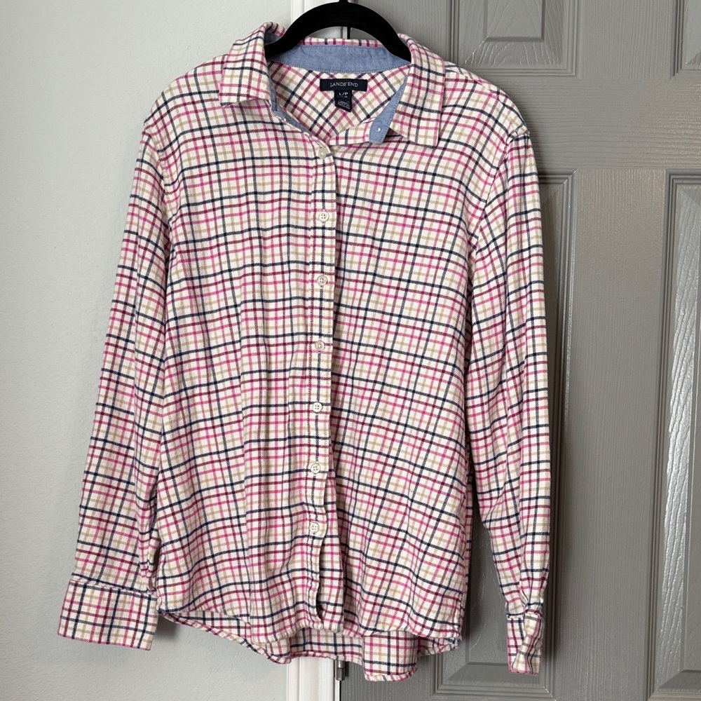 Lands' End Women’s Petite Classic Pink Multicolor Plaid Flannel Cotton Shirt